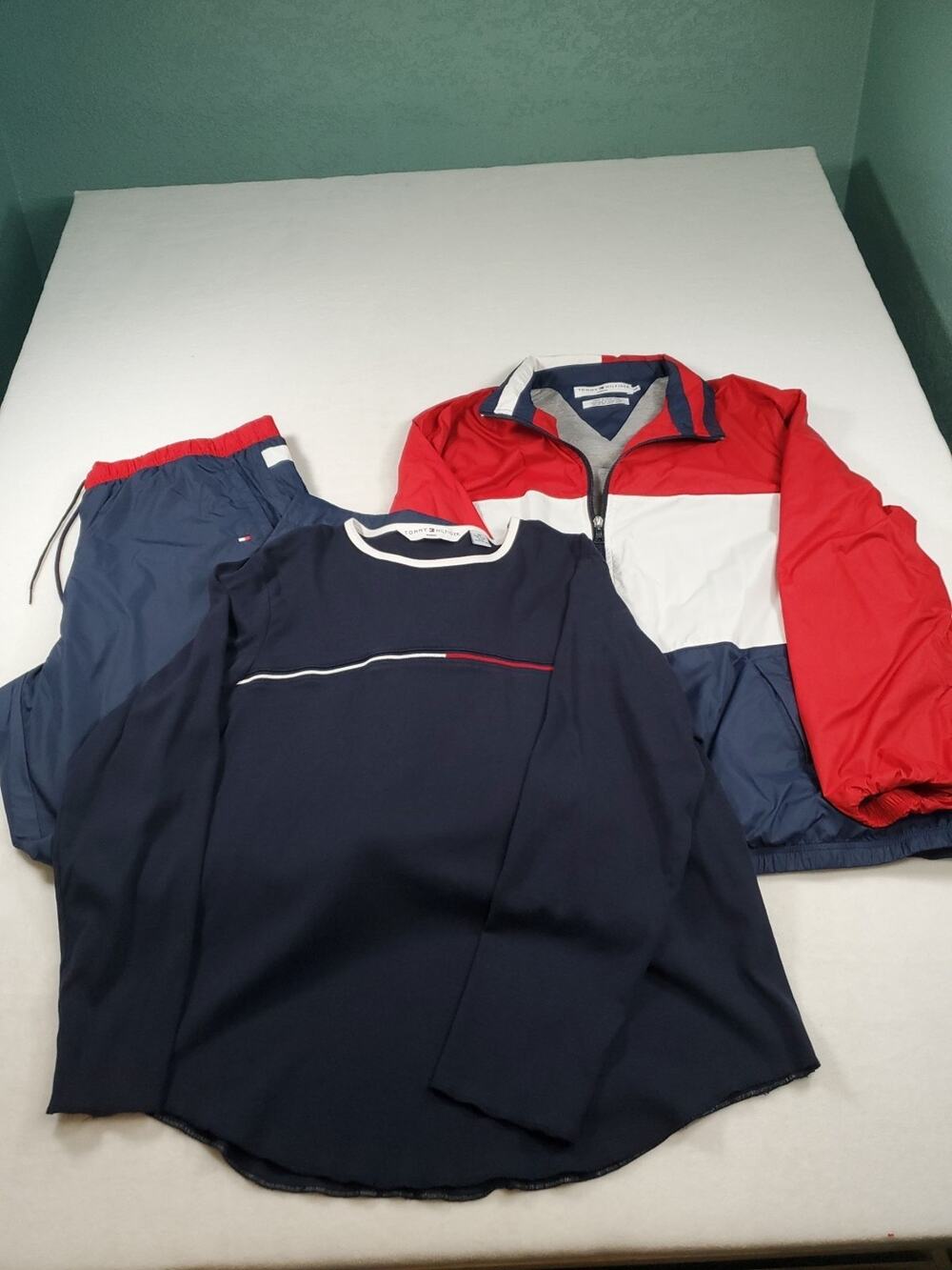 Tommy Hilfger 3 Piece Windbreaker Set Woman 2X Blue Red White Jacket Pant &Shir